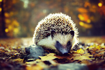 Fototapeta premium Hedgehog in autumn leaves, digital art