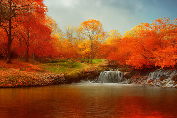 Autumn landscape with small waterfall and a lake, digital art