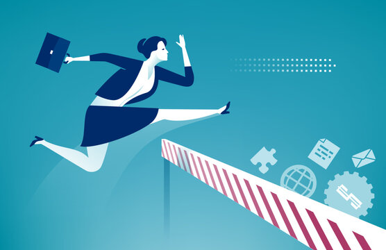 Overcoming obstacles. A female manager jumps over obstacle like hurdle race. Business vector concept illustration