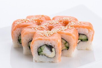 Sushi set and composition at white background. Japanese food restaurant, sushi maki gunkan roll plate or platter set.