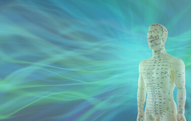 Acupuncture demonstration dummy template - energy streaming in shades of blue and torso of an...