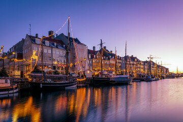 Nyhavn Canal at sunrise, Christmas time, Copenhagen, Denmark