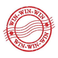 WIN-WIN-WIN, text written on red postal stamp.
