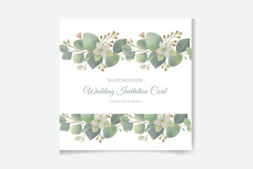 Watercolor green floral banner with silver dollar eucalyptus leaves and branches isolated on white background.