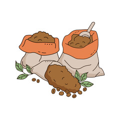 Kraft paper bags with coffee beans isolated on white background. Doodle style.