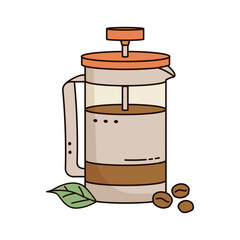 French press coffee maker isolated on white. Doodle style.