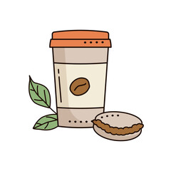 Coffee mug and macaroon isolated on white. Doodle style.