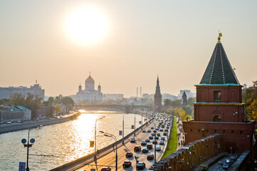 Panoramic view of Moscow city center with Moskva river. View from Kremlin fortress wall