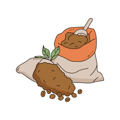 Kraft paper bags with coffee beans isolated on white background. Doodle style.