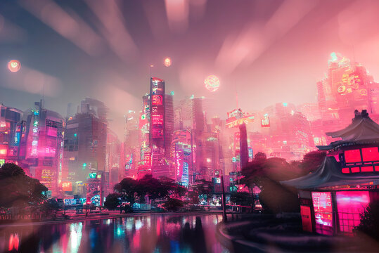 Futuristic cityscape with neon lights at night. Abstract modern city wallpaper.
