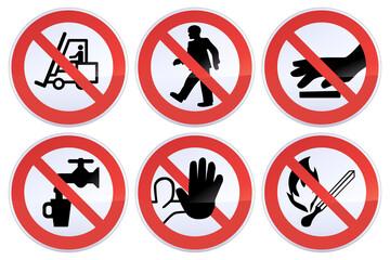 Collection of round red, white and black prohibition signs displaying a prohibition to pass, use a forklift, flame, touch, drink water and zombies (metal reflection)