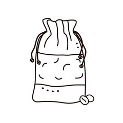 Canvas bag with coffee beans isolated on white background. Doodle style.