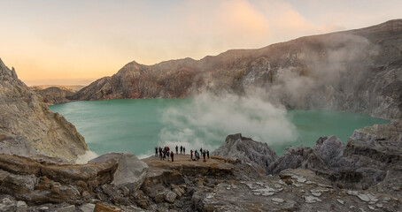 Crater of volcano with blue water lake in Indonesia