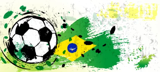 Foto op Canvas soccer or football illustration for the great soccer event with paint strokes and splashes, brazil national colors © Kirsten Hinte
