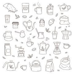 Coffee objects set. Kettle, pots, kraft paper bags, cup, mug, macaroon, jug, geyser coffee maker, coffee grinder, croissant. Doodle style.