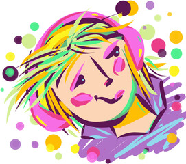Girl with headphones.  Abstract drawing of a bright cartoon character