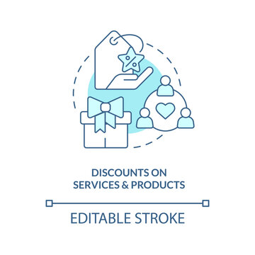 Discounts On Services And Products Blue Concept Icon. Membership Benefits Abstract Idea Thin Line Illustration. Isolated Outline Drawing. Editable Stroke. Arial, Myriad Pro-Bold Fonts Used