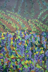 Fine art illustration winery plantation. Vineyards wallpaper. Twilight autumn field. Picturesque landscape. Biodynamic agriculture concept..