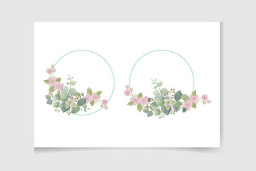 Watercolor vector wreath with green eucalyptus leaves, flowers and branches.
