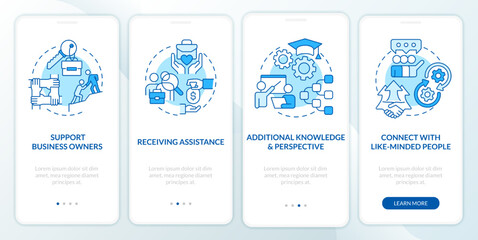 Entrepreneurship support blue onboarding mobile app screen. Mentoring walkthrough 4 steps editable graphic instructions with linear concepts. UI, UX, GUI template. Myriad Pro-Bold, Regular fonts used