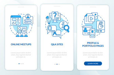 Online presence blue onboarding mobile app screen. Digital networking walkthrough 3 steps editable graphic instructions with linear concepts. UI, UX, GUI template. Myriad Pro-Bold, Regular fonts used