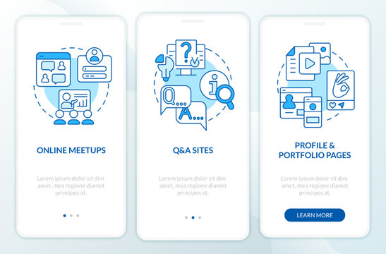 Online presence blue onboarding mobile app screen. Digital networking walkthrough 3 steps editable graphic instructions with linear concepts. UI, UX, GUI template. Myriad Pro-Bold, Regular fonts used