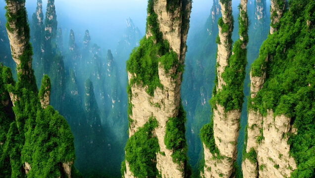 Hallelujah Mountains, Floating Mountains, Zhangjiajie, Wulingyuan Senica Area, rock formations, Plateau, mountain, landscape, nature, sky, mountains, fog, trees, forest, clouds, view, travel, panorama