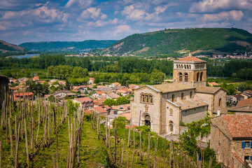 Fototapeta na wymiar View on the vineyards of Ardeche and the romanesque church of Saint Martin in Vion, in the south of France