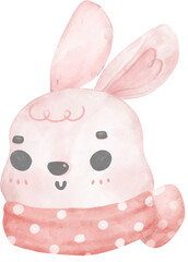 Cute happy pink Bunny rabbit head wears scarf watercolor hand draw illustration 