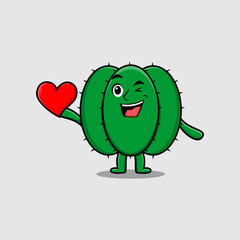 Cute cartoon Cactus character holding big red heart in modern style design illustration