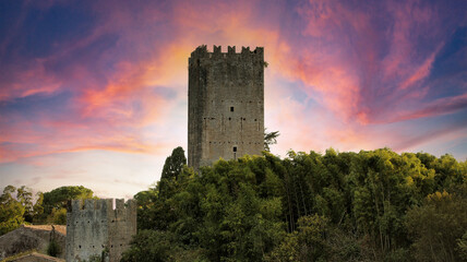 The castle tower of the garden of Ninfa in Cisterna di Latina, Norma, near Rome Italy. Natural monument in Italy. The garden is in English style. Romantic medieval knight view - obrazy, fototapety, plakaty