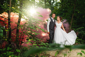 Wedding Couple in love summer day outside in forest