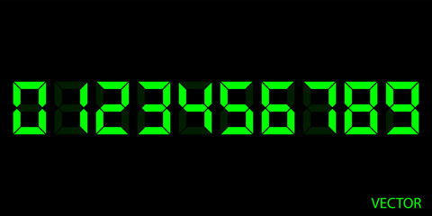 Zero to Nine green digital electronic clock numbers set. LCD LED digit set for the counter, clock, calculator mockup in flat style design for website, app, UI, isolated on black background. Vector.