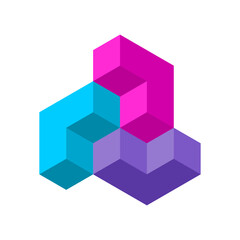 Colorful three letter L logo template. 3D cube design elements. Arrows pointing in different directions. Simple blue, pink, purple geometric shapes made of 3d blocks. Vector illustration, clip art. 