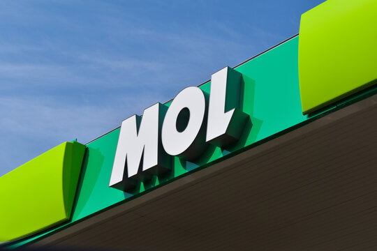 MOL petrol station top with inscription, in Hungary.