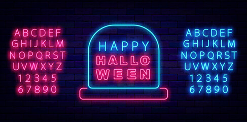 Halloween night neon signboard. Tombstone frame on brick wall. Luminous pink and blue alphabet. Vector illustration