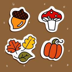 Autumn element stickers set, maple leaf, mushroom
