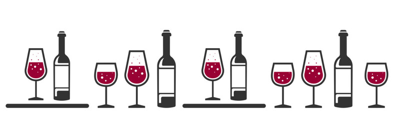 Set of red wine bottle with glasses. icons for wine design concept, wine labels, winery. Vector illustration.