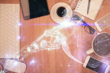 Multi exposure of technology theme drawing over table with phone. Top view. Concept of hightech.