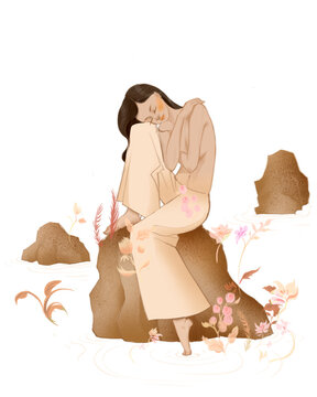 Oriental, Asian, woman, mountains, rock, river, mother nature, plants, texture, calm, relaxing, sleep, digital illustration