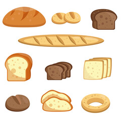 Vector bread set. Collection of bakery products on white background. Bread, loaf, baguette and other pastries