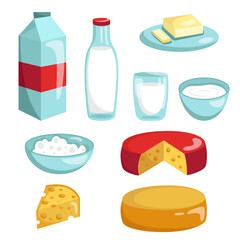 Vector set dairy products. Collection of fresh organic dairy products. Milk, cheese, butter, sour cream, cottage curd.