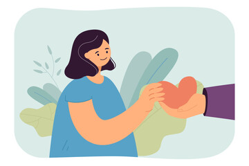 Hand giving red heart gift to girl. Person showing love, care and help to female character flat vector illustration. Support, family, charity concept for banner, website design or landing web page