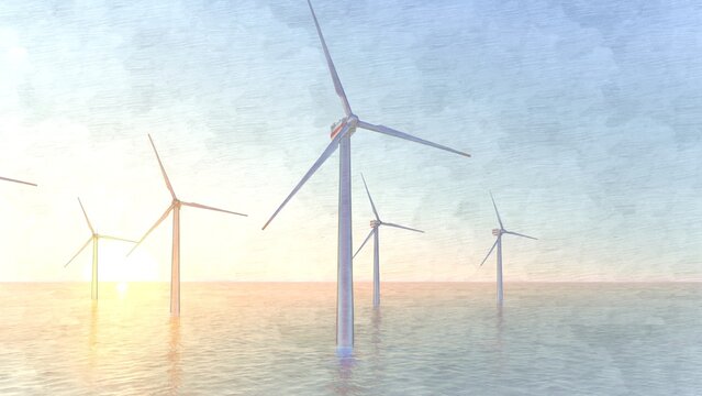 ULTRA HD. Offshore wind energy. Offshore wind turbines farm on the ocean. Sustainable energy production, clean power, close up. 3D Rendering.