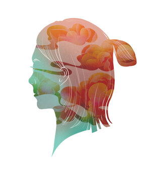 The silhouette of a side face of woman, flower pattern, nature, romantic gradient, surreal and Oriental illustration
