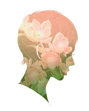 The silhouette of a side face of woman, flower pattern, nature, romantic gradient, surreal and Oriental illustration