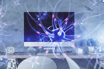 Double exposure of neuron drawing and office interior background. Concept of education.