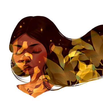 The silhouette of Asian woman, flowers, night scene, nature, plants, hair, clouds, sky, surreal and Oriental digital illustration