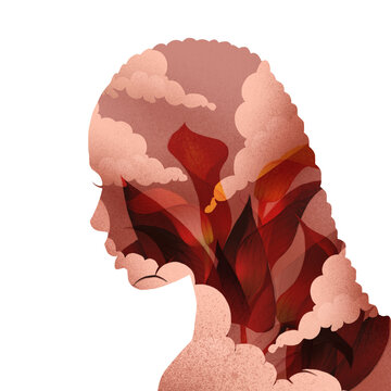 The silhouette of Asian woman, flowers, nature, plants, hair, clouds, sky, surreal and Oriental illustration