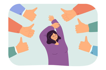 Hand of many people with thumbs up feedback for happy woman. Person enjoying positive review flat vector illustration. Evaluation, success concept for banner, website design or landing web page
